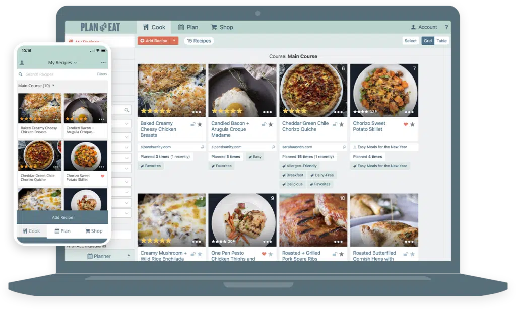 plan to eat mobile app and website side by side with recipes on the screen