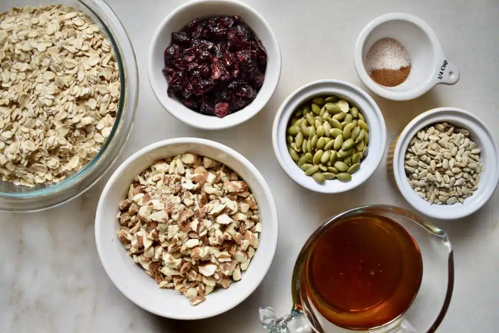 overhead view of ingredients for granola