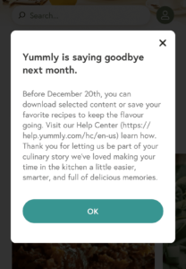 Yummly closing in-app message to customers